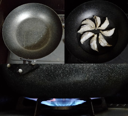 フライパンに油をしき温めた後、餃子を並べる、火加減は中火